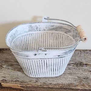 Rustic White Metal Bucket with Handle